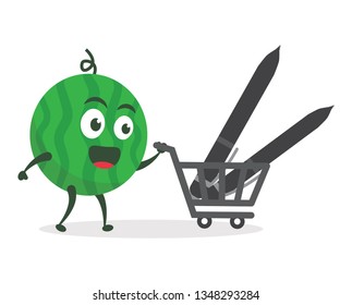 Kawaii vector illustration character cartoon cute watermelon mascot holding pen for write and pencil with trolley market shopping cart in white background modern flat design brand