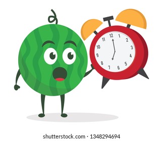 Kawaii vector illustration character cartoon cute watermelon mascot holding clock alarm time stopwatch with trolley market shopping cart in white background modern flat design brand
