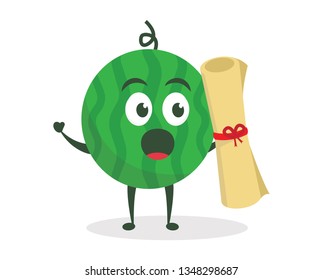 Kawaii vector illustration character cartoon cute watermelon mascot holding paper roll award secret message with trolley market shopping cart delivery in white background modern flat design brand