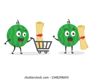 Kawaii vector illustration character cartoon cute watermelon mascot holding paper roll award secret message with trolley market shopping cart delivery in white background modern flat design brand