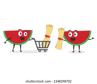 Kawaii vector illustration character cartoon cute watermelon mascot holding paper roll award secret message with trolley market shopping cart delivery in white background modern flat design brand