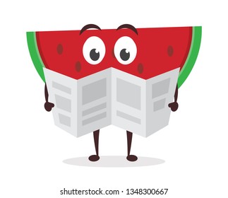 Kawaii vector illustration character cartoon cute watermelon mascot holding newspaper and read in white background modern flat design brand