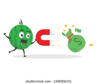 Kawaii vector illustration character cartoon cute watermelon mascot holding attracting coin gold and green money dollar with red large magnet in white background modern flat design brand