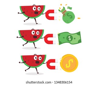 Kawaii vector illustration character cartoon cute watermelon mascot holding attracting coin gold and green money dollar with red large magnet in white background modern flat design brand
