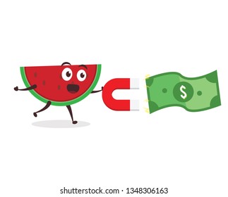 Kawaii vector illustration character cartoon cute watermelon mascot holding attracting coin gold and green money dollar with red large magnet in white background modern flat design brand