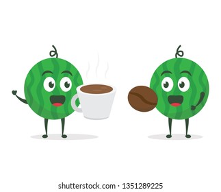 Kawaii vector illustration character cartoon cute watermelon mascot holding coffee bean brown and drink coffee cup in white background modern flat design brand