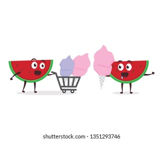 Kawaii vector illustration character cartoon cute watermelon mascot holding cotton candy in white background modern flat design brand