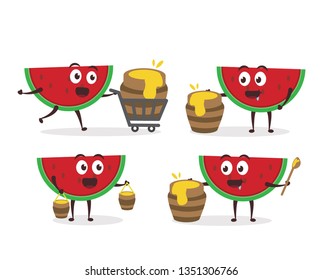 Kawaii vector illustration character cartoon cute watermelon mascot holding sweet honey pot and eat delicious honeycomb with trolley market shopping cart in white background modern flat design brand