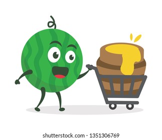 Kawaii vector illustration character cartoon cute watermelon mascot holding sweet honey pot and eat delicious honeycomb with trolley market shopping cart in white background modern flat design brand