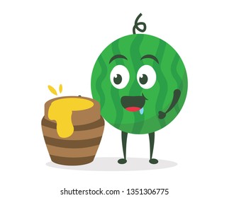 Kawaii vector illustration character cartoon cute watermelon mascot holding sweet honey pot and eat delicious honeycomb with trolley market shopping cart in white background modern flat design brand