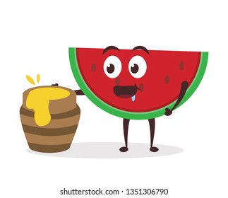 Kawaii vector illustration character cartoon cute watermelon mascot holding sweet honey pot and eat delicious honeycomb with trolley market shopping cart in white background modern flat design brand