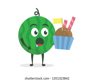 Kawaii vector illustration character cartoon cute watermelon mascot holding delicious cupcake and eat with trolley market shopping cart in white background modern flat design brand