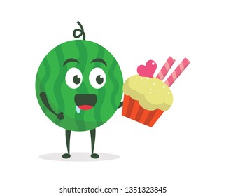 Kawaii vector illustration character cartoon cute watermelon mascot holding delicious cupcake and eat with trolley market shopping cart in white background modern flat design brand