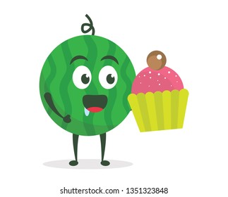 Kawaii vector illustration character cartoon cute watermelon mascot holding delicious cupcake and eat with trolley market shopping cart in white background modern flat design brand