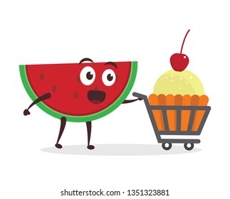 Kawaii vector illustration character cartoon cute watermelon mascot holding delicious cupcake and eat with trolley market shopping cart in white background modern flat design brand