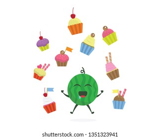 Kawaii vector illustration character cartoon cute watermelon mascot holding delicious cupcake and eat with trolley market shopping cart in white background modern flat design brand