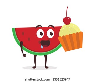 Kawaii vector illustration character cartoon cute watermelon mascot holding delicious cupcake and eat with trolley market shopping cart in white background modern flat design brand