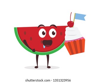 Kawaii vector illustration character cartoon cute watermelon mascot holding delicious cupcake and eat with trolley market shopping cart in white background modern flat design brand