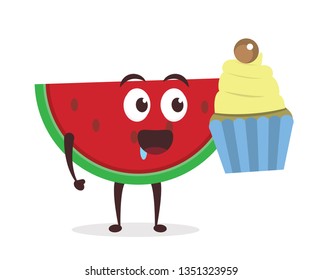 Kawaii vector illustration character cartoon cute watermelon mascot holding delicious cupcake and eat with trolley market shopping cart in white background modern flat design brand