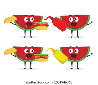 Kawaii vector illustration character cartoon cute watermelon mascot holding delicious eat burger with mustard hot red sauce in white background modern flat design brand. junk fast food