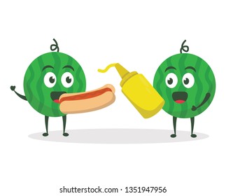 Kawaii vector illustration character cartoon cute watermelon mascot holding delicious sandwich sausage hotdog with mustard sauce in white background modern flat design brand. junk fast food