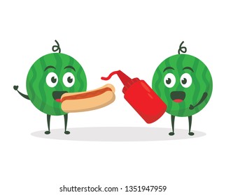 Kawaii vector illustration character cartoon cute watermelon mascot holding delicious sandwich sausage hotdog with mustard hot red sauce in white background modern flat design brand. junk fast food