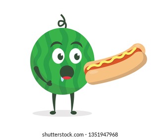 Kawaii vector illustration character cartoon cute watermelon mascot holding delicious sandwich sausage hotdog with mustard hot red sauce in white background modern flat design brand. junk fast food