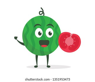 Kawaii vector illustration character cartoon cute watermelon mascot holding  with trolley market shopping cart in white background modern flat design brand