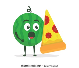 Kawaii vector illustration character cartoon cute watermelon mascot holding delicious yummy pizza in white background modern flat design brand