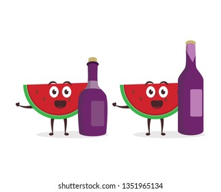 Kawaii vector illustration character cartoon cute watermelon mascot holding serve wine red glass and bottle for drink in white background modern flat design brand