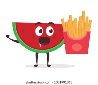 Kawaii vector illustration character cartoon cute watermelon mascot holding delicious french fries junk fast food in white background modern flat design brand