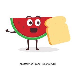 Kawaii vector illustration character cartoon cute watermelon mascot holding delicious yummy bread slice in white background modern flat design brand
