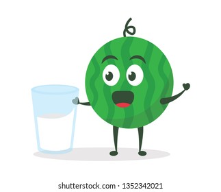 Kawaii vector illustration character cartoon cute watermelon mascot holding and drink delicious yummy milk in white background modern flat design brand