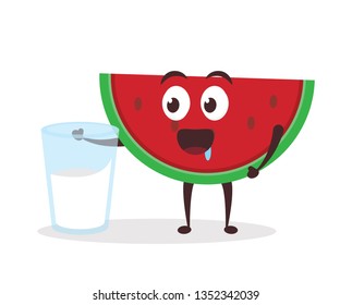 Kawaii vector illustration character cartoon cute watermelon mascot holding and drink delicious yummy milk in white background modern flat design brand