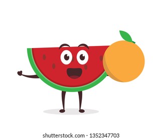 Kawaii vector illustration character cartoon cute watermelon mascot holding delicious yummy fresh orange citrus fruit with trolley market shopping cart in white background modern flat design brand