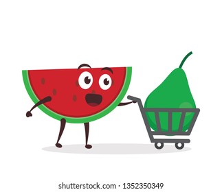 Kawaii vector illustration character cartoon cute watermelon mascot holding delicious yummy fresh green avocado fruit with trolley market shopping cart in white background modern flat design brand