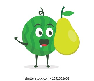 Kawaii vector illustration character cartoon cute watermelon mascot holding delicious yummy fresh pear fruit with trolley market shopping cart in white background modern flat design brand
