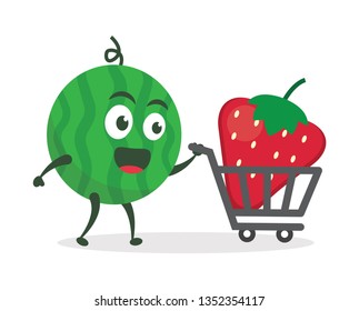 Kawaii vector illustration character cartoon cute watermelon mascot holding delicious yummy fresh strawberry fruit with trolley market shopping cart in white background modern flat design brand