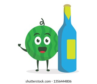 Kawaii vector illustration character cartoon cute watermelon mascot holding drink wine bottle in white background modern flat design brand