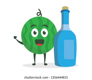 Kawaii vector illustration character cartoon cute watermelon mascot holding drink wine bottle in white background modern flat design brand