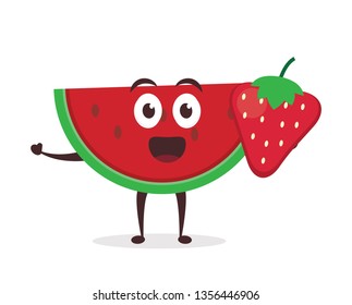Kawaii vector illustration character cartoon cute watermelon mascot holding eat fresh fruit red strawberry in white background modern flat design brand