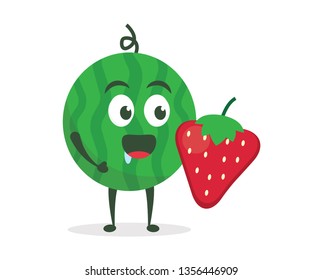 Kawaii vector illustration character cartoon cute watermelon mascot holding eat fresh fruit red strawberry in white background modern flat design brand