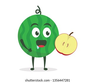 Kawaii vector illustration character cartoon cute watermelon mascot holding eat fresh fruit apple in white background modern flat design brand