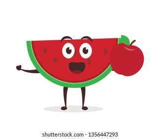 Kawaii vector illustration character cartoon cute watermelon mascot holding eat fresh fruit apple in white background modern flat design brand