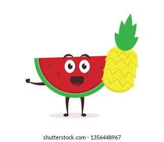 Kawaii vector illustration character cartoon cute watermelon mascot holding eat fresh fruit yellow pineapple in white background modern flat design brand