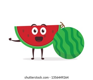 Kawaii vector illustration character cartoon cute watermelon mascot holding eat fresh fruit watermelon in white background modern flat design brand