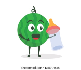 Kawaii vector illustration character cartoon cute watermelon mascot holding baby bottle on white background modern flat design brand