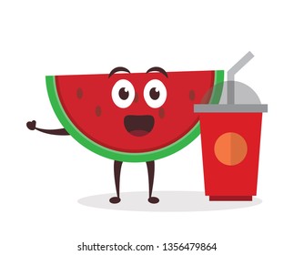 Kawaii vector illustration character cartoon cute watermelon mascot holding drink cup or glass of tea or coffee in white background modern flat design brand