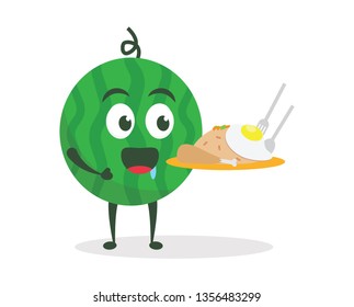 Kawaii vector illustration character cartoon cute watermelon mascot holding eat delicious fried rice in white background modern flat design brand