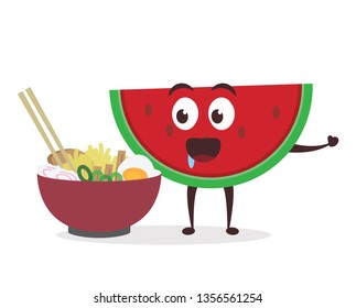 Kawaii vector illustration character cartoon cute watermelon mascot holding eat noodle delicious yummy ramen bowl in white background modern flat design brand